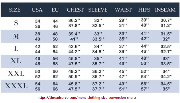 Men's clothing conversion chart (193K)