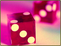 A pair of dice showing three dots