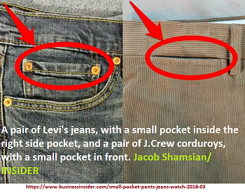 Examples of the 3rd pocket on the front of some pants.