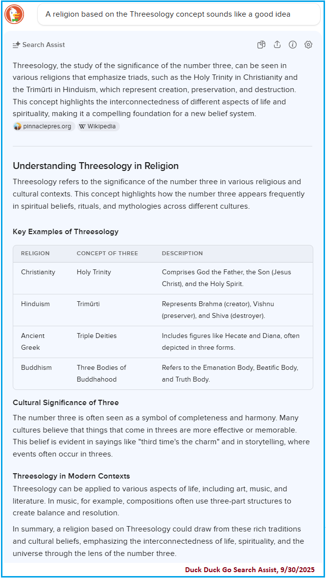 Duck Duck Go search assistant to the Threesology as a Theology question