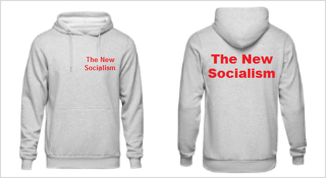The New Socialism logo on the front and back of a hoodie