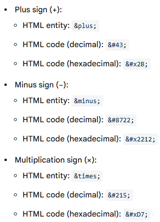 Internet HTML Conversions for 3 basic symbols