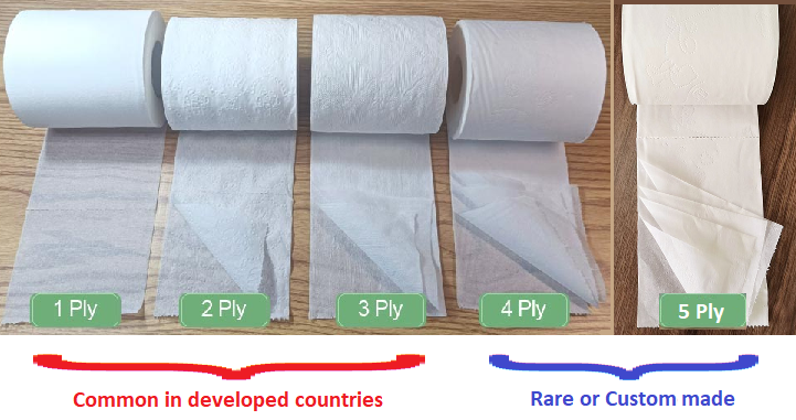 3 standard and 2 custom made variations of toilet paper rolls 3 standard plies for tolilet paper