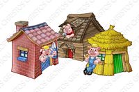 Three little pigs in straw, wood, stone houses