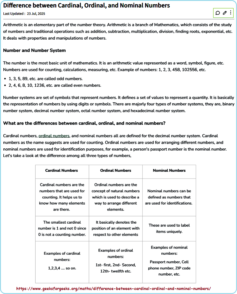 Differences in Cardinality, Ordinality, Nominality of numbers Cardinality, Ordinality, Nominality of numbers