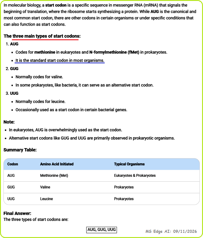 3 types of Start codon 1 primary Start codon