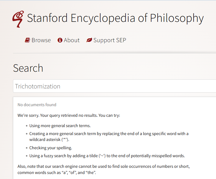 In this instance, there are no articles on Trichotomization Stanford Encyclopedia result for the word Trichotmization
