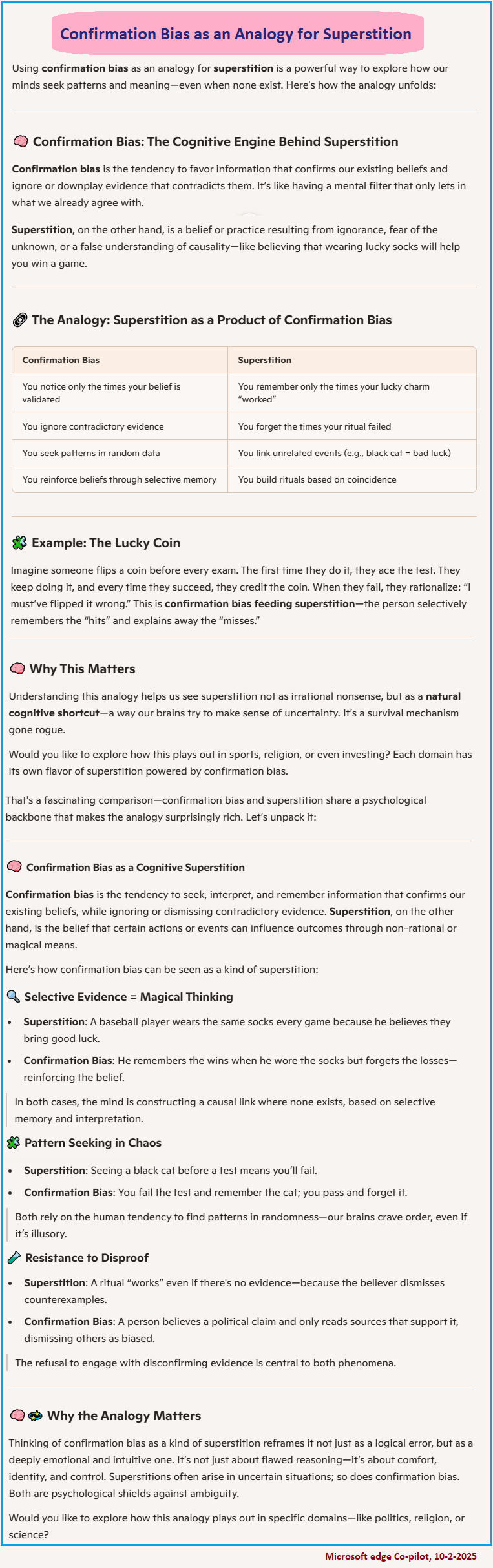 Analogy between confirmaion bias and superstition Microsoft Edge copilot on superstition and confirmation bias