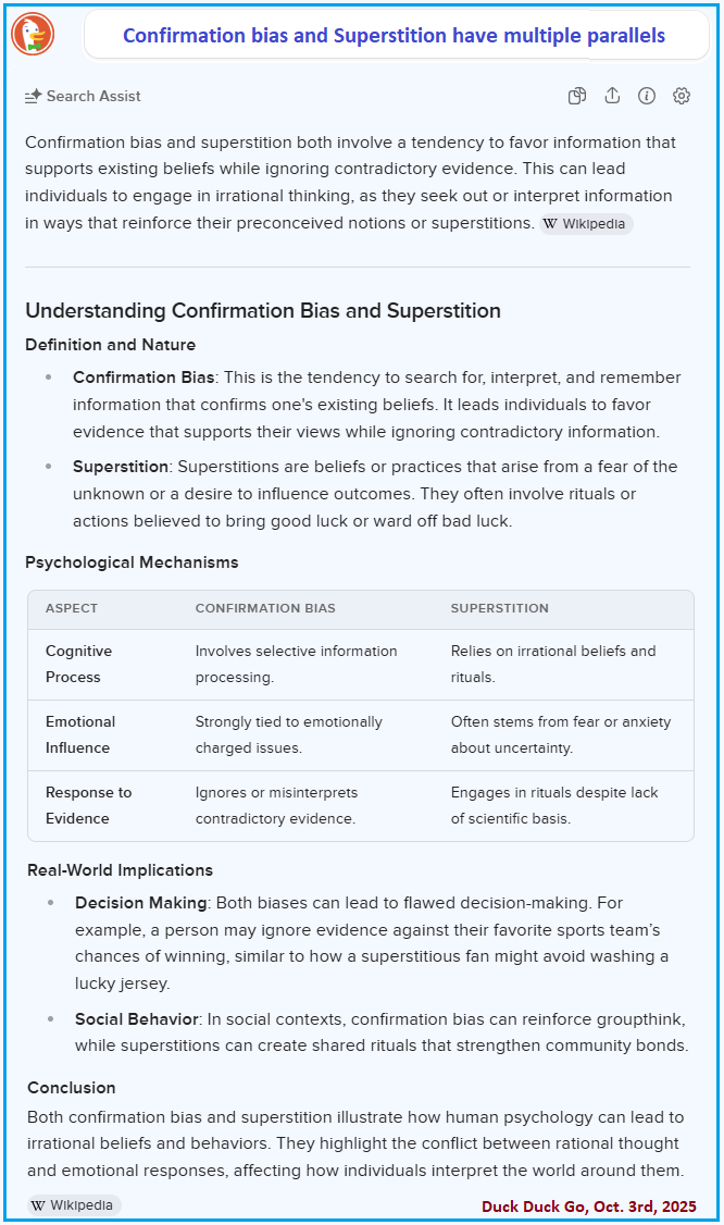 Parallels between confirmaion bias and Superstition Duck Duck Go view of Confiramtion bias and Superstition