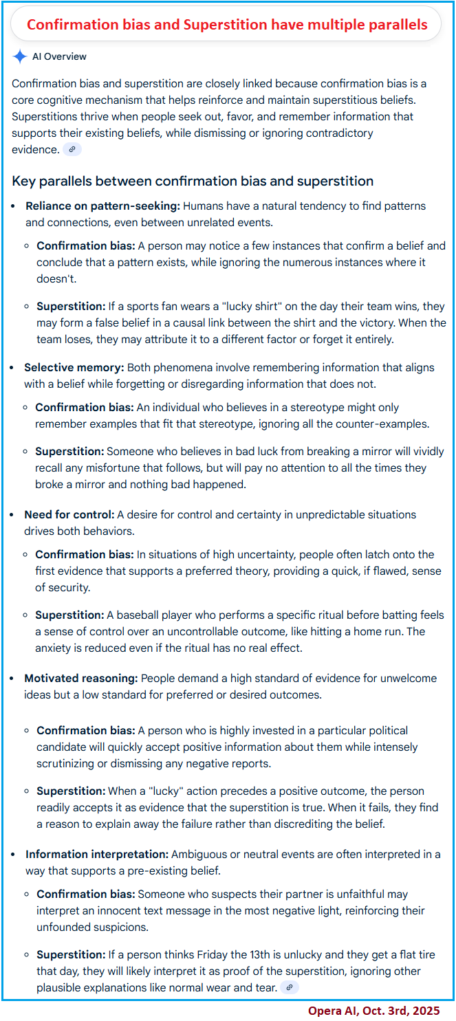 Parallels between confirmation bias and superstition Opera AI take on confirmation bias and Superstition