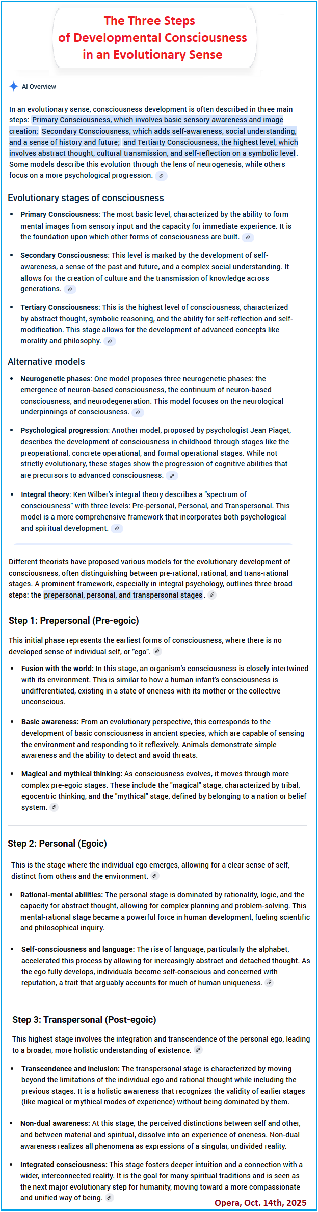 The Opera Browser's AI perspective of Consciousness 3 steps to consciousness example