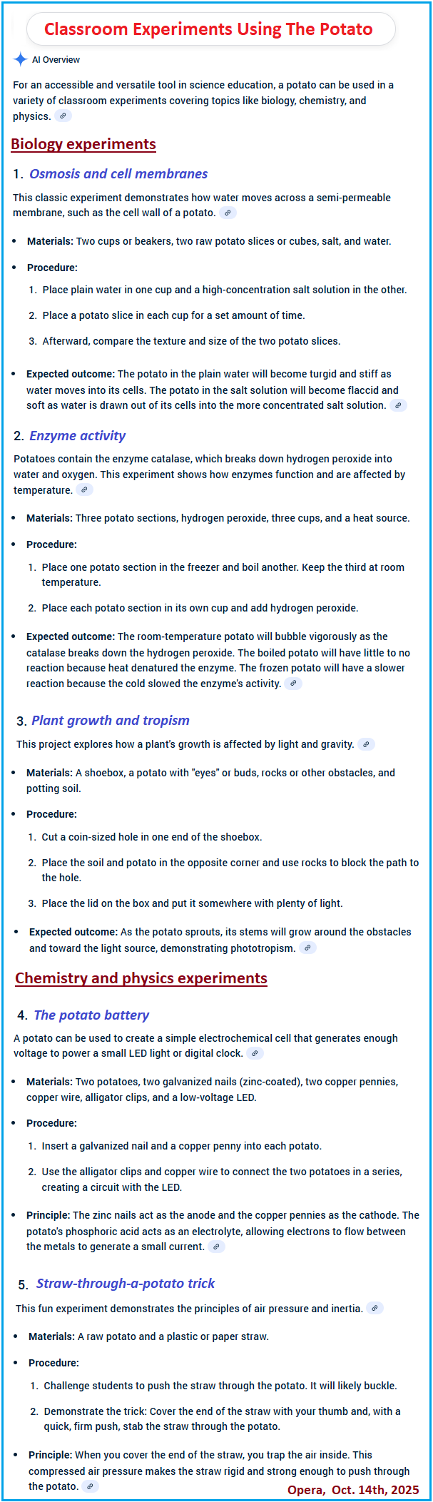 Potato experiments used as a metaphor Examples of Potato experiments