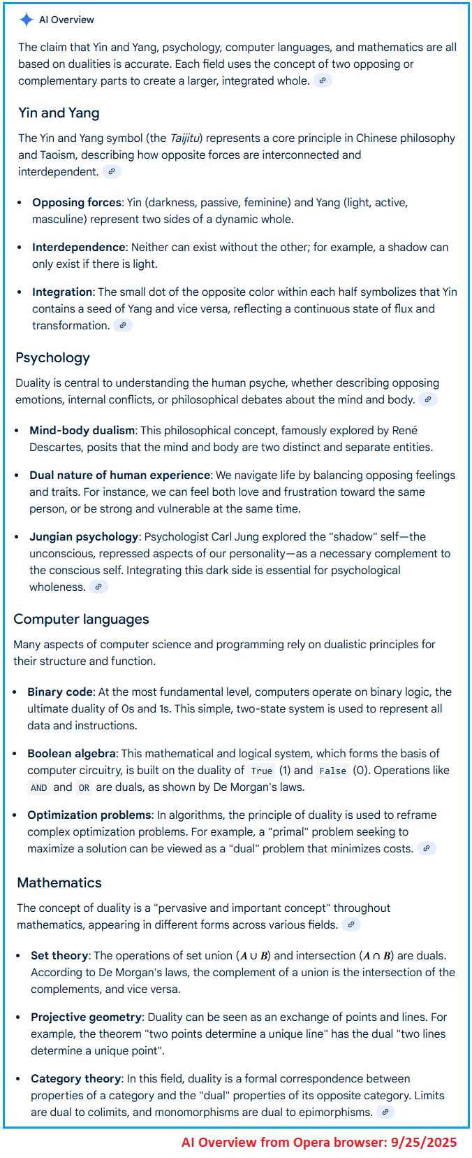 Fundamental dualism seen in several subjects AI from Opera browser detailing dualities