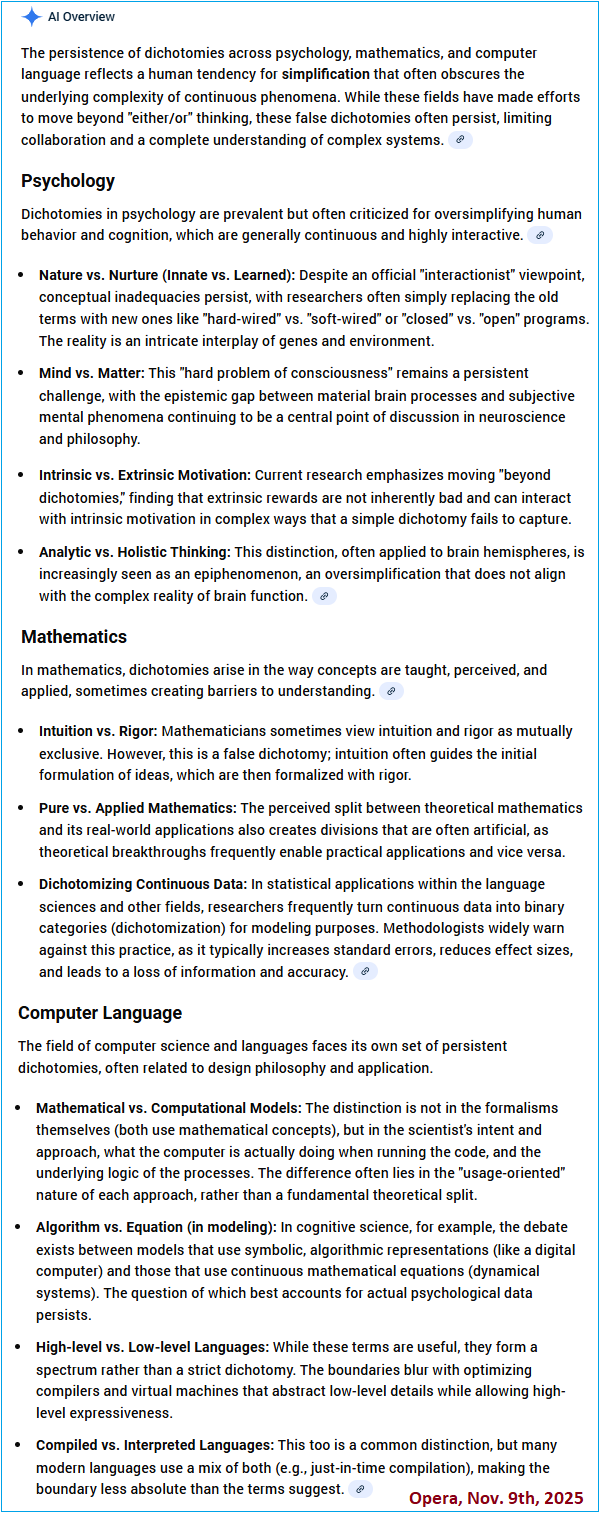 Persistence of dualities in Psychology, Mathematics, Computer language Opera AI response to persistent dichotomies