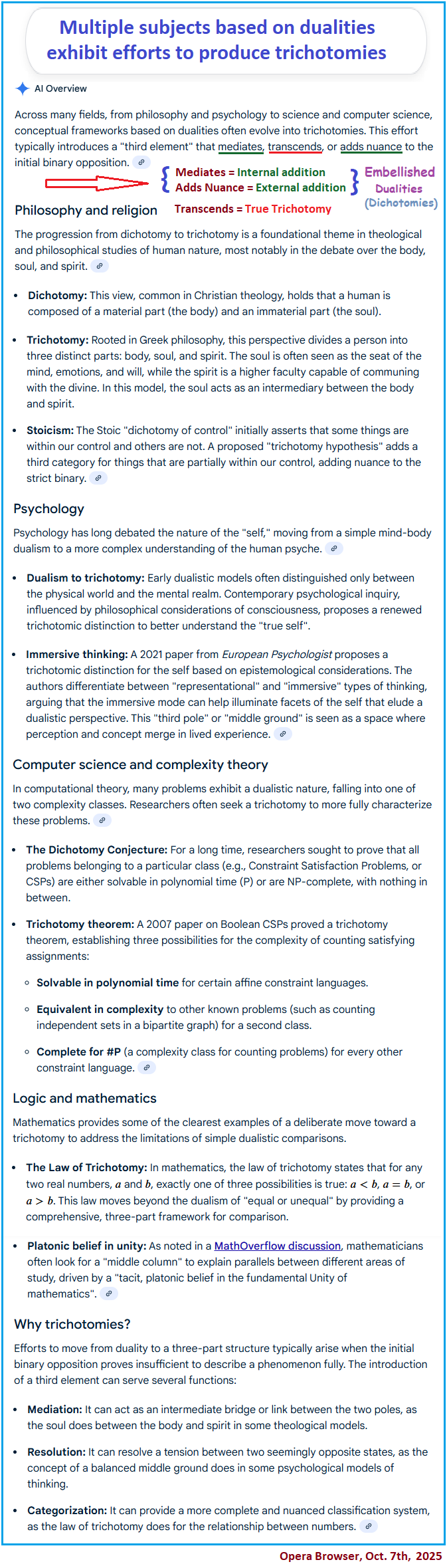 Multiple subjects exhibit a trend to develop trichotomies Examples of dualities to trichotomies