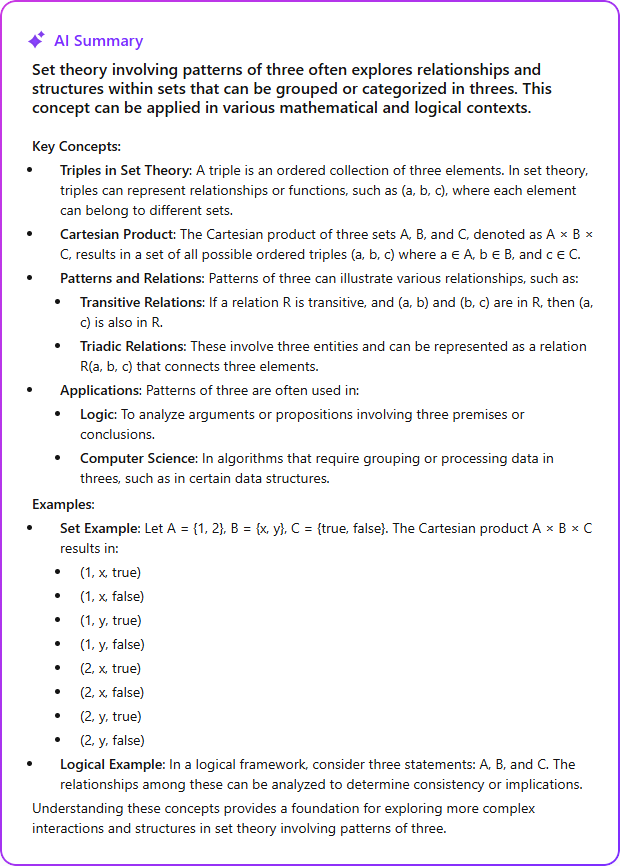 Three element set theory perspective An AI generated synopis of set theory involving three elements